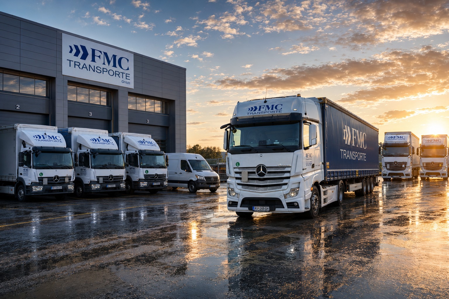 Fuhrpark der FMC Transporte GmbH mit LKW, Sattelzug und Transporter vor der Firmenhalle