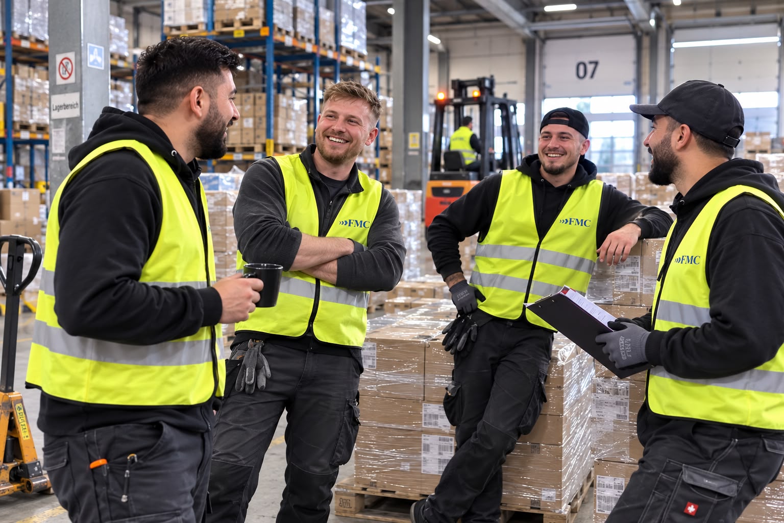 FMC Transporte GmbH — Team im Lagerbereich mit Gabelstapler und Paletten