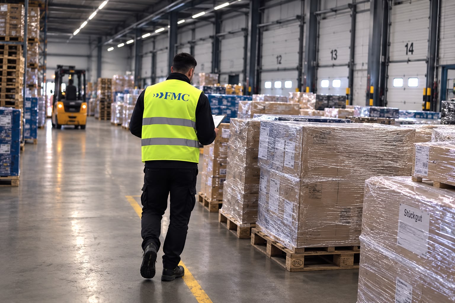 FMC Transporte GmbH — Mitarbeiter im Lagergang zwischen Paletten und Verladetoren